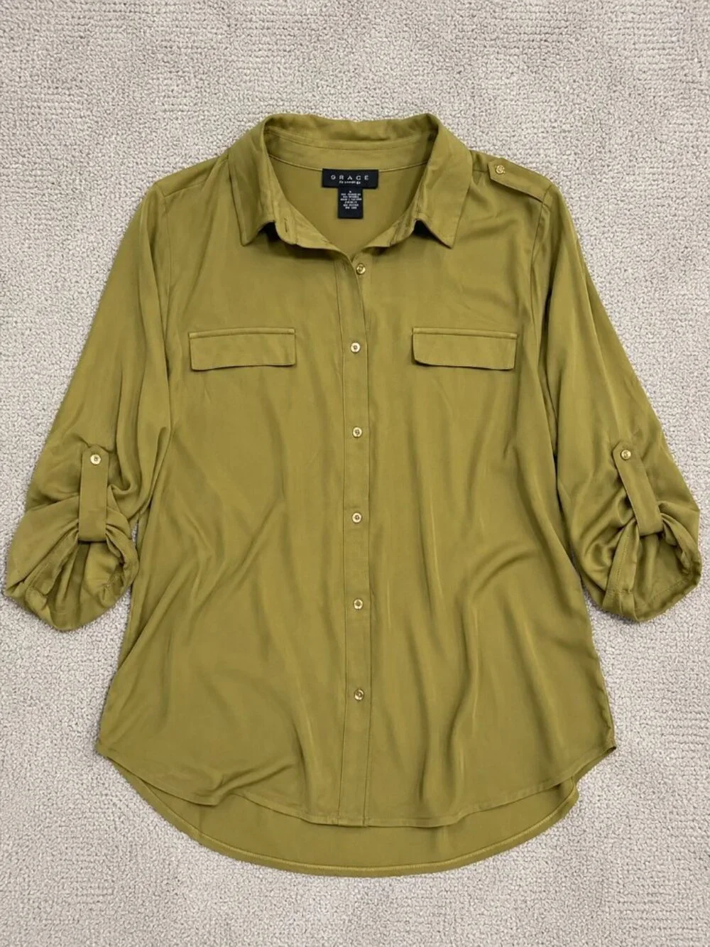 Grace Olive Button Down Collared Long Sleeve Top NWT - Picture 4 of 6